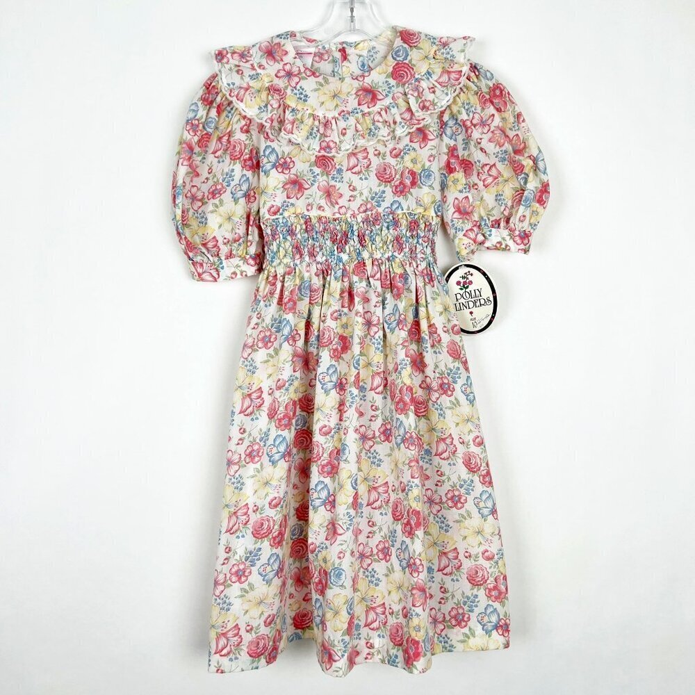 NEW Vintage Polly Flinders Smocked Floral Print Puff Sleeve Dress Kids Size 10
